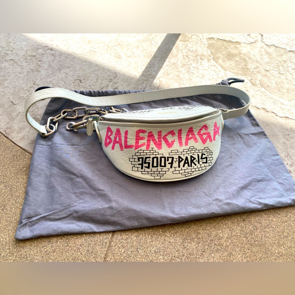 Balenciaga Graffiti Paint Souvenir Fanny Pack White Leather